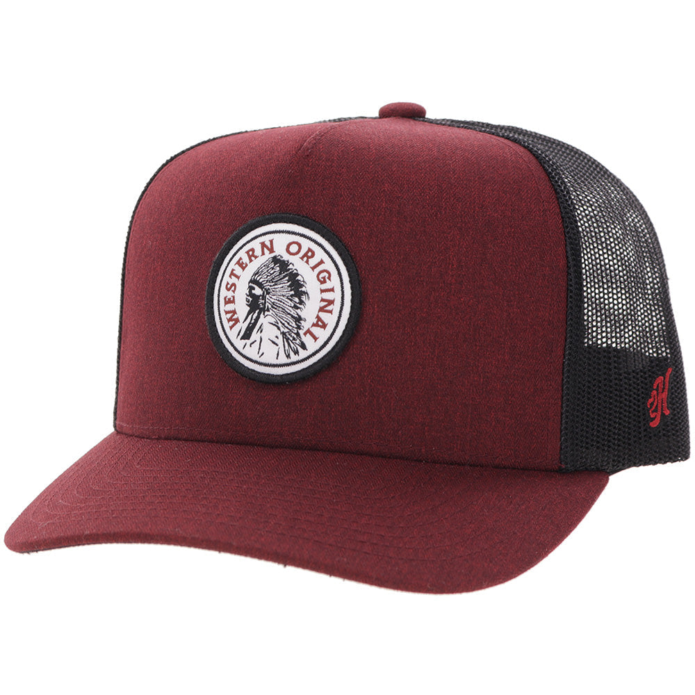 Hooey Quanah Red Black Circle Patch Hat front angled view in red and black