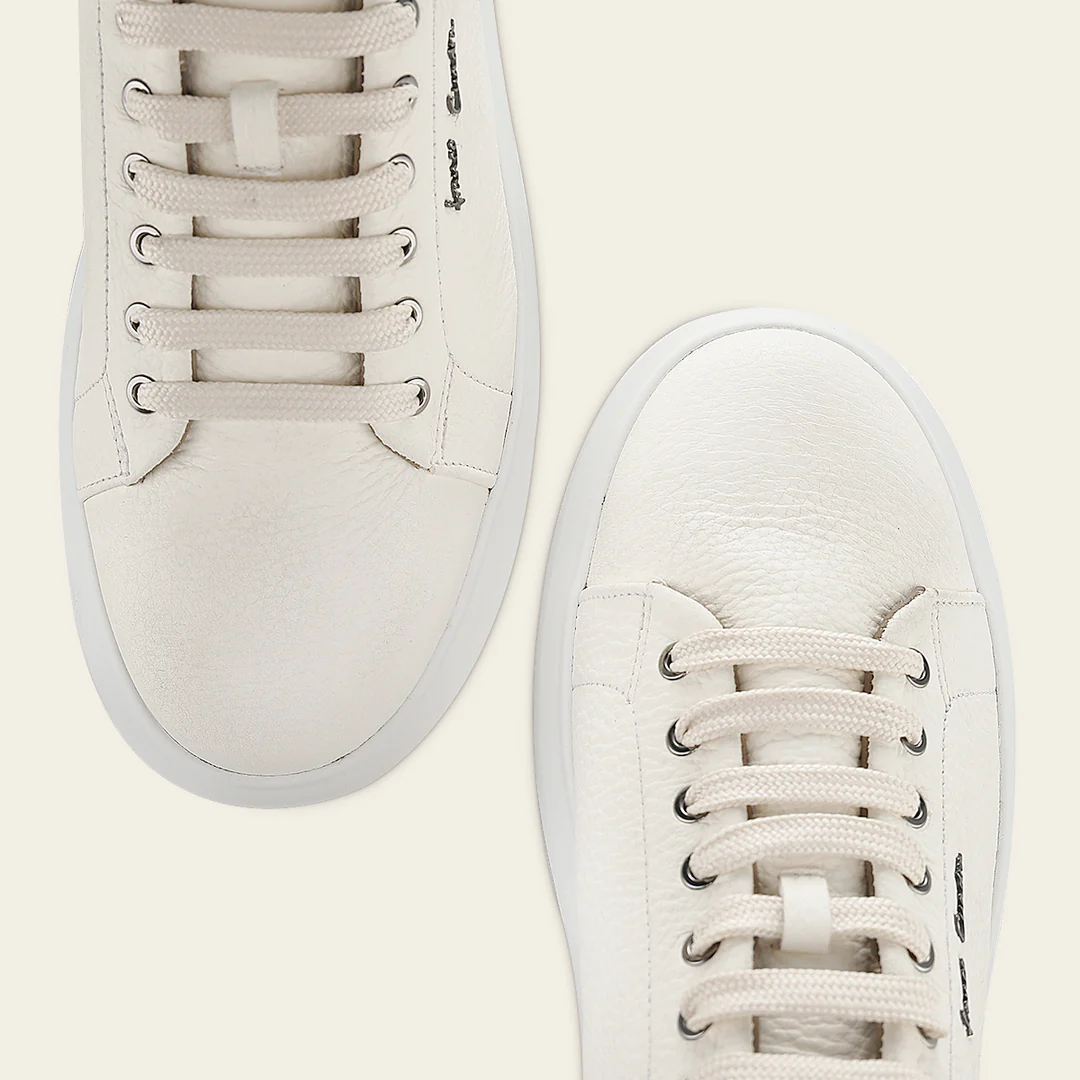 Top view of Cuadra Beige Deer Leather Lace-Up Sneaker showing laces and tongue