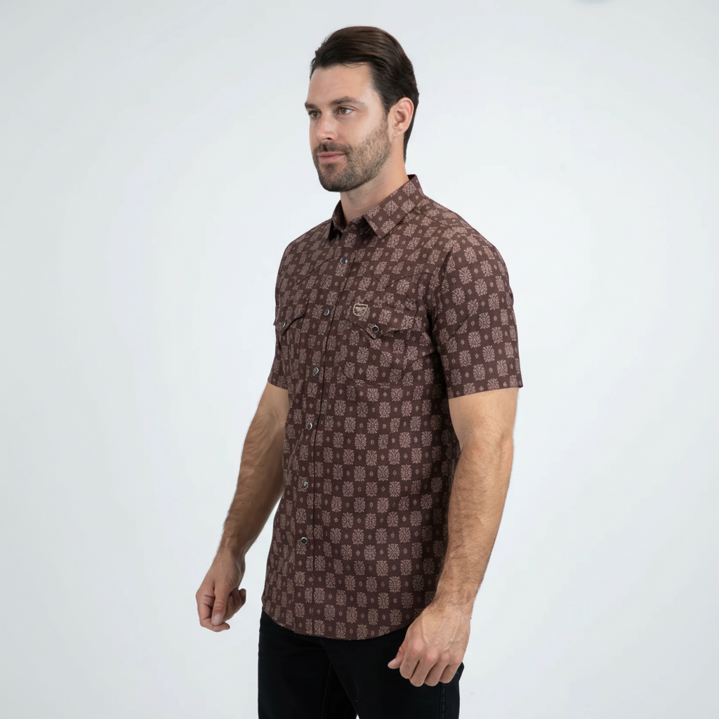 Camisa Marrón de Manga Corta Vaquera de Rendimiento para Hombre