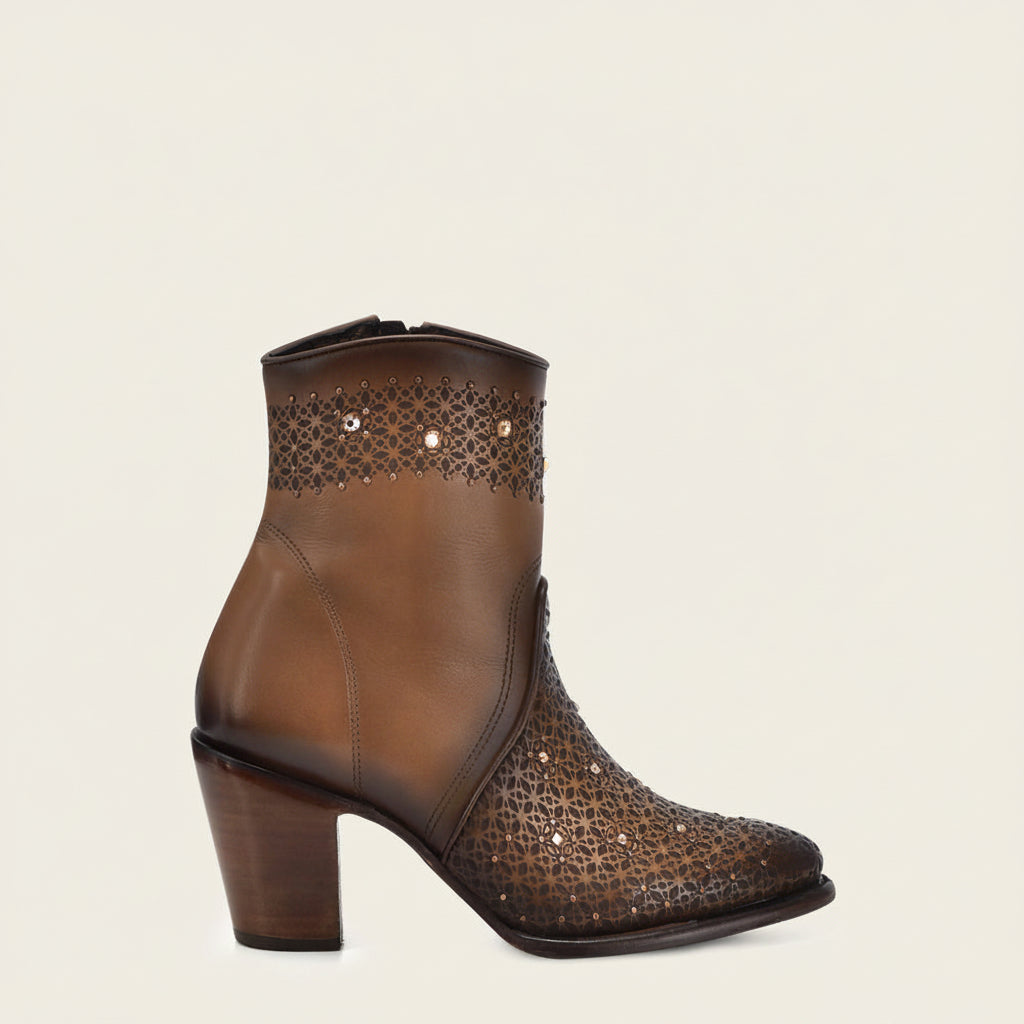 Cuadra Honey Perforated Crystal Ankle Bootie angled side view in brown leather