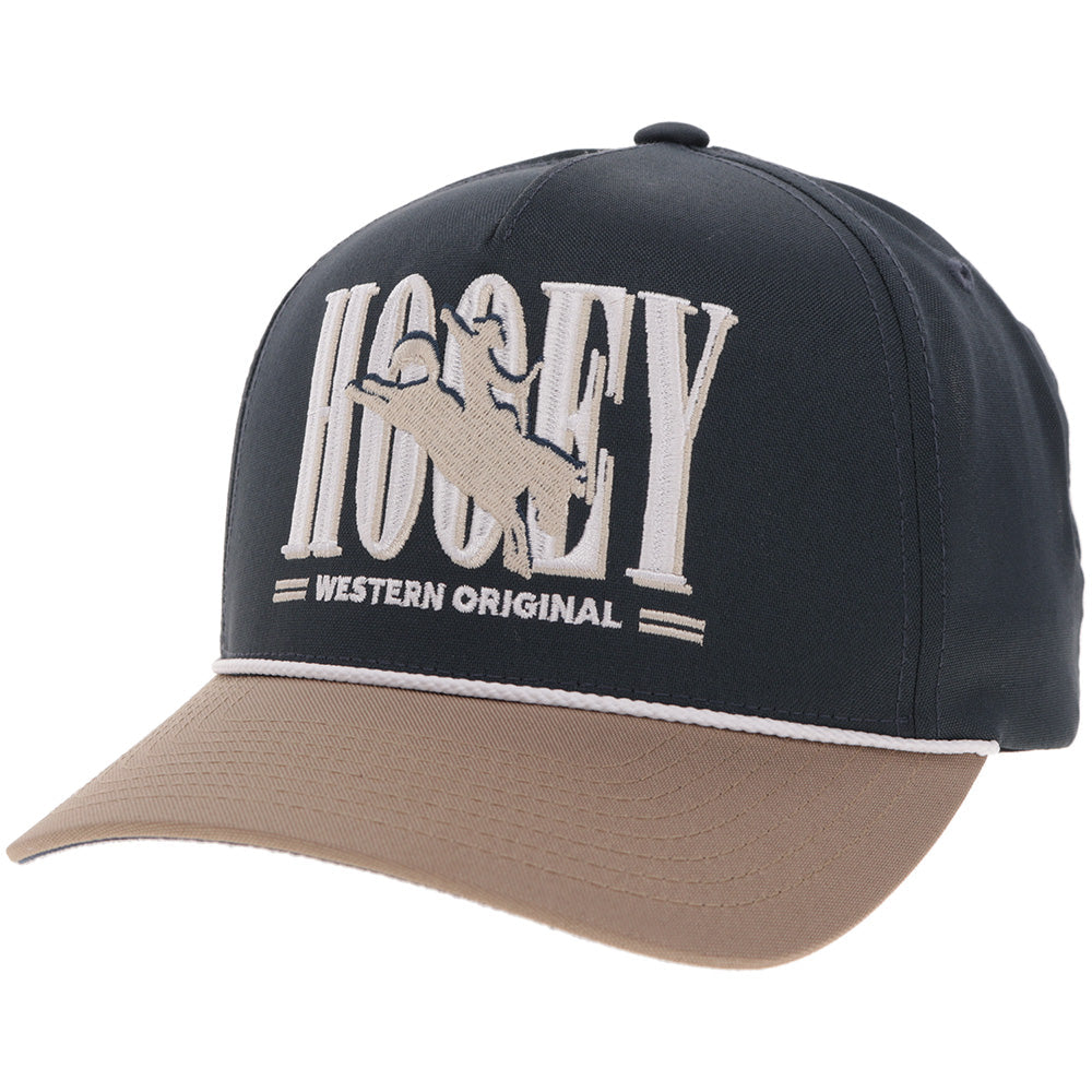 Hooey Wild Ride Navy Tan Hat front angled view in navy and tan with embroidered logo