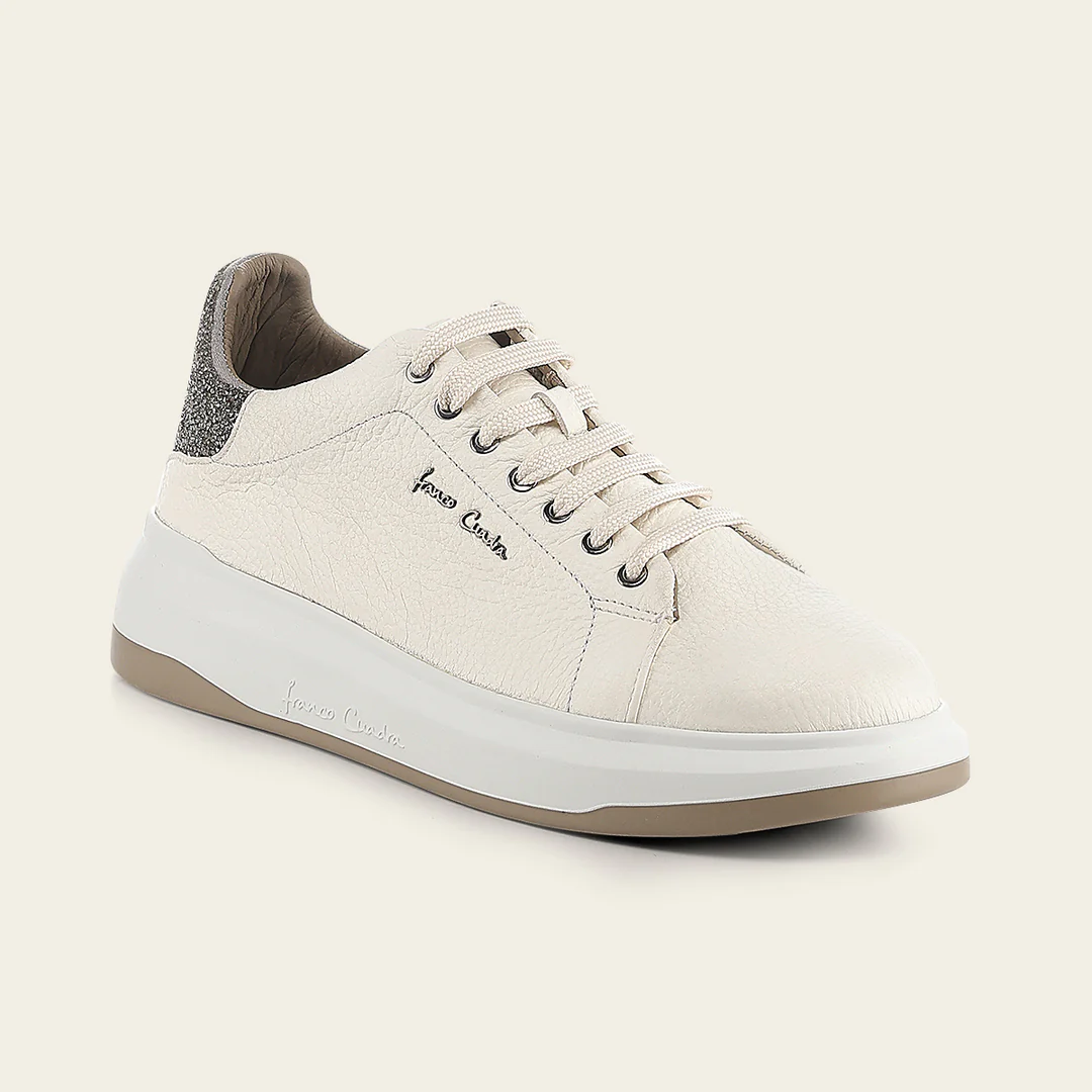 Cuadra Beige Deer Leather Lace-Up Sneaker angled side view in beige leather