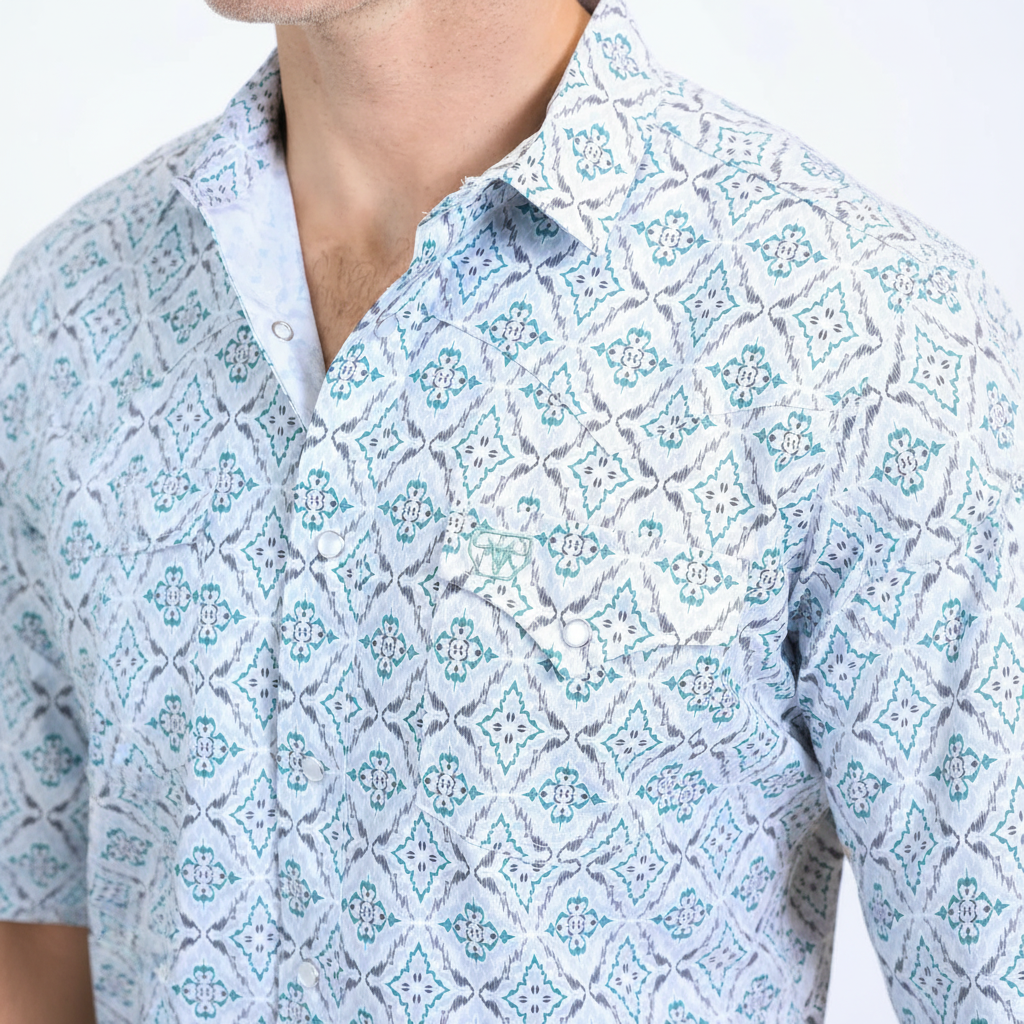 Mens Performance Western Short Sleeve Aztec Print White Shirt