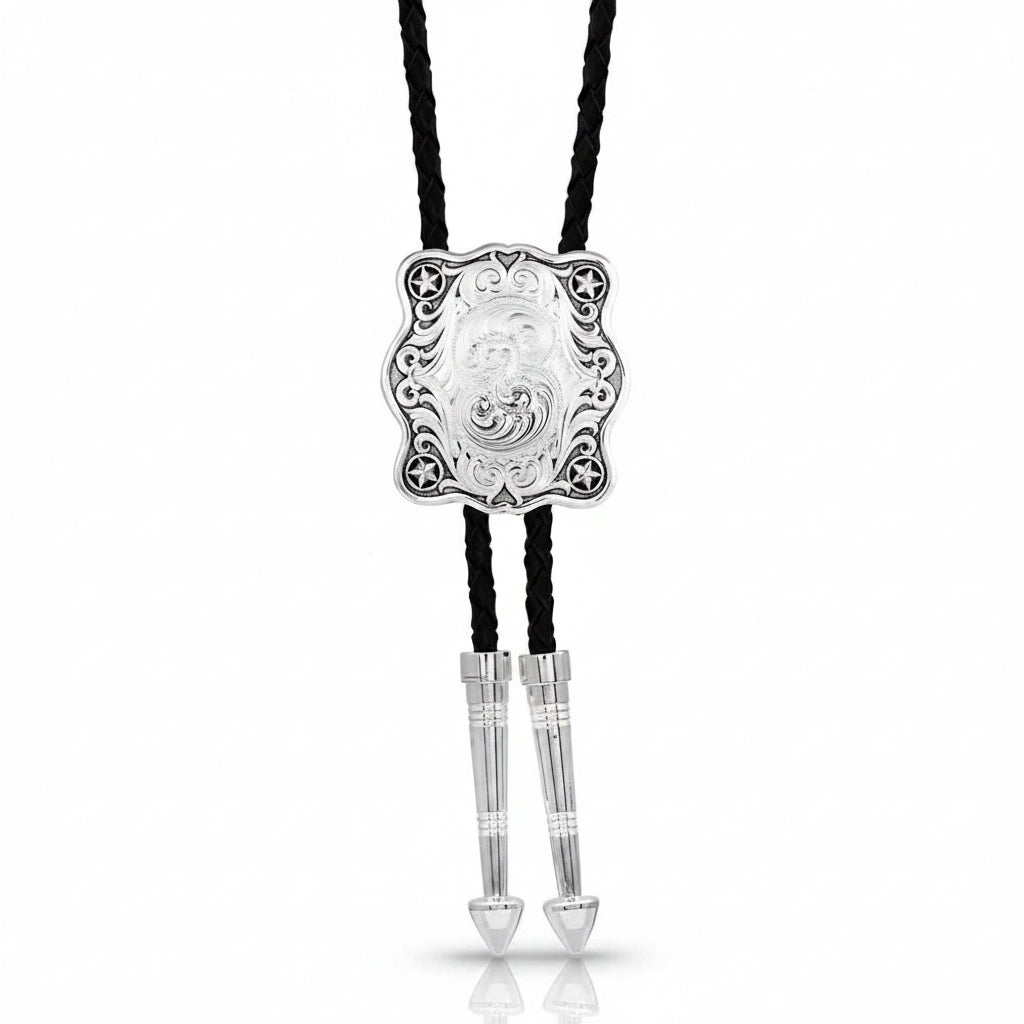 Montana Silversmiths Scalloped Square Bolo Tie front view with silver slide and braided leather cords
