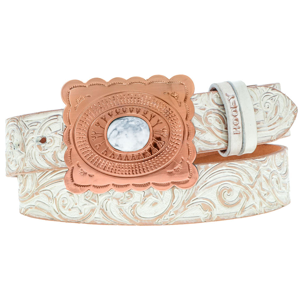 Hooey Stella Ivory Tan Hand Tooled Filigree Belt front view with floral tooled design and decorative buckle