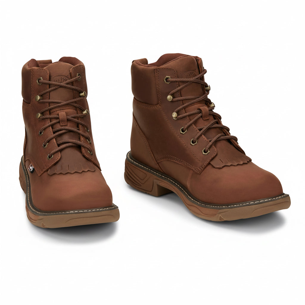 Justin Rush 6 Inch Waterproof Boot front view in brown leather
