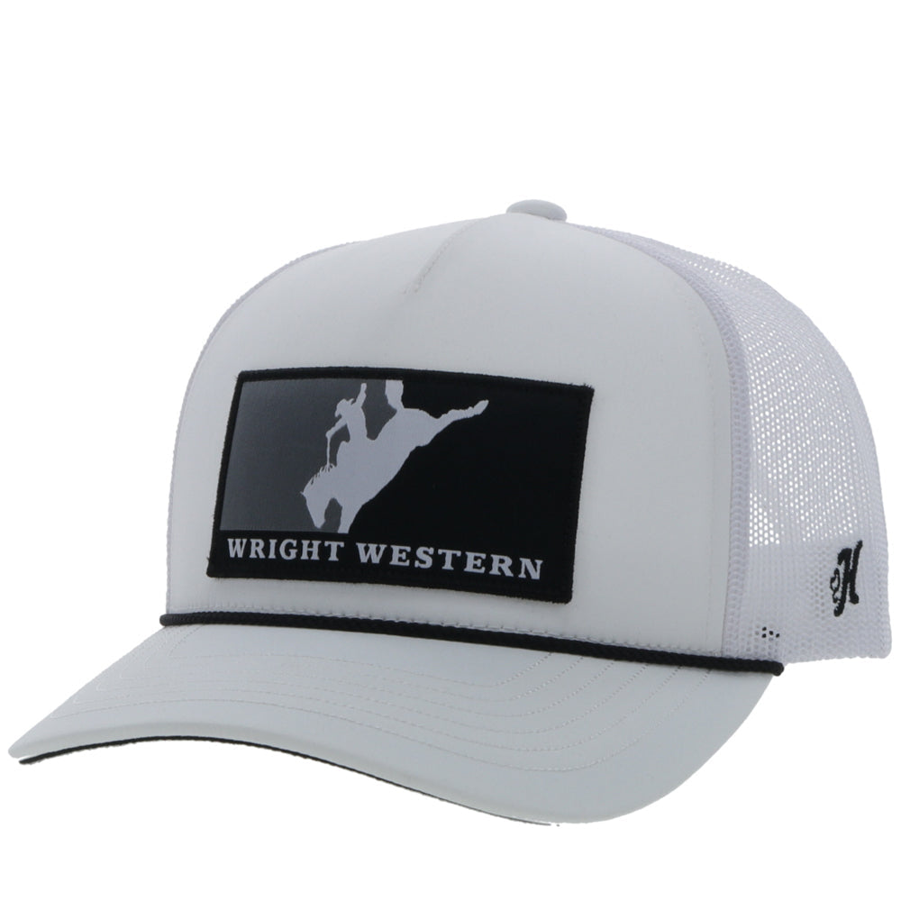 Hooey Wright Brothers White Hat front angled view in white and gray with black patch