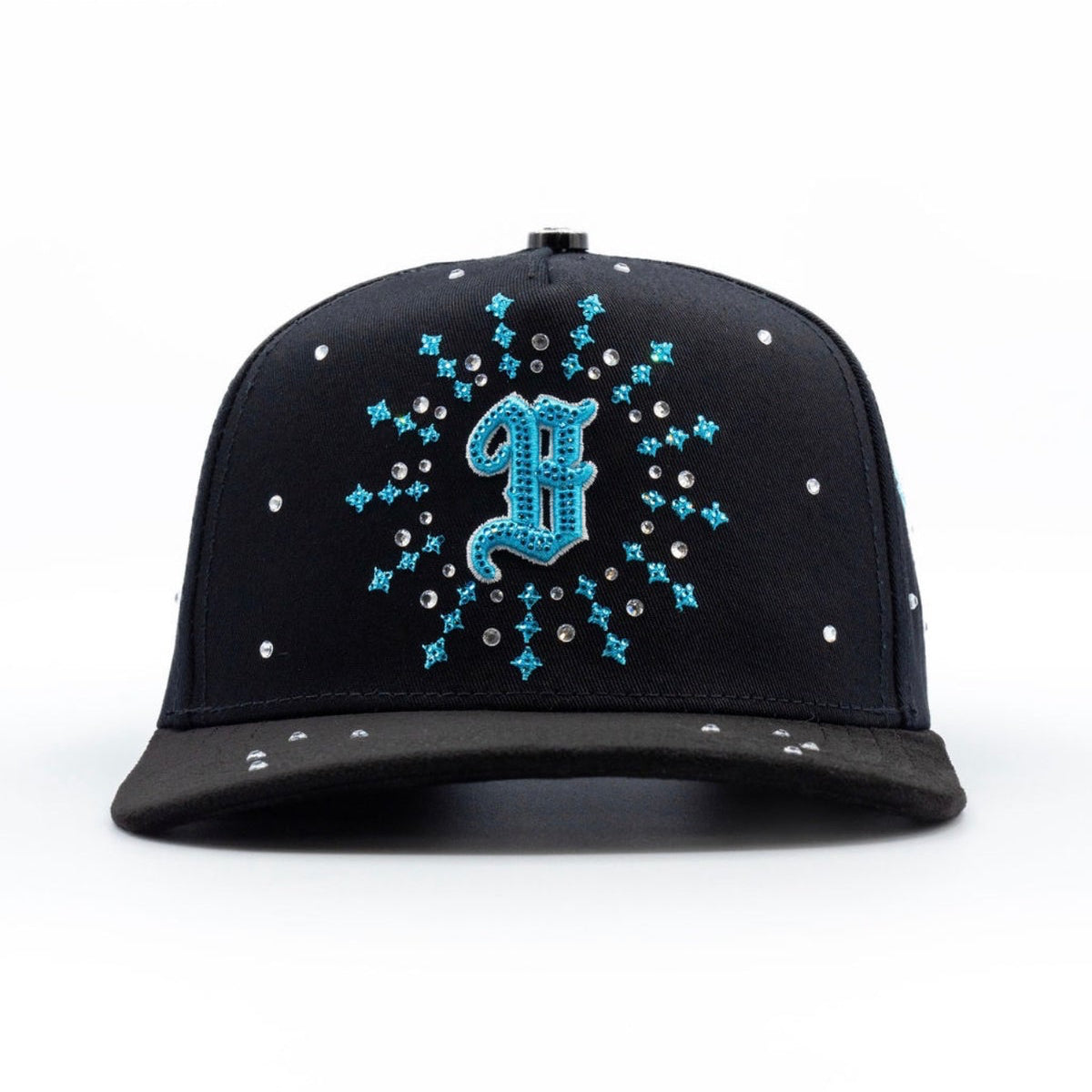 Bigg Boss B Cristales Azul Hat front view in black with blue crystal front design