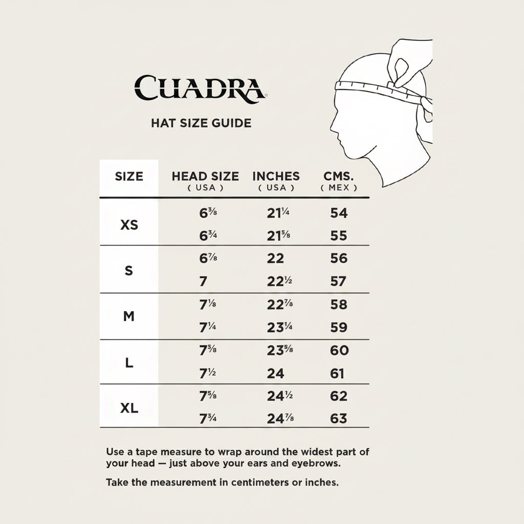 Cuadra hat size chart card shown with Ivory 100X Handmade Cayman Hat