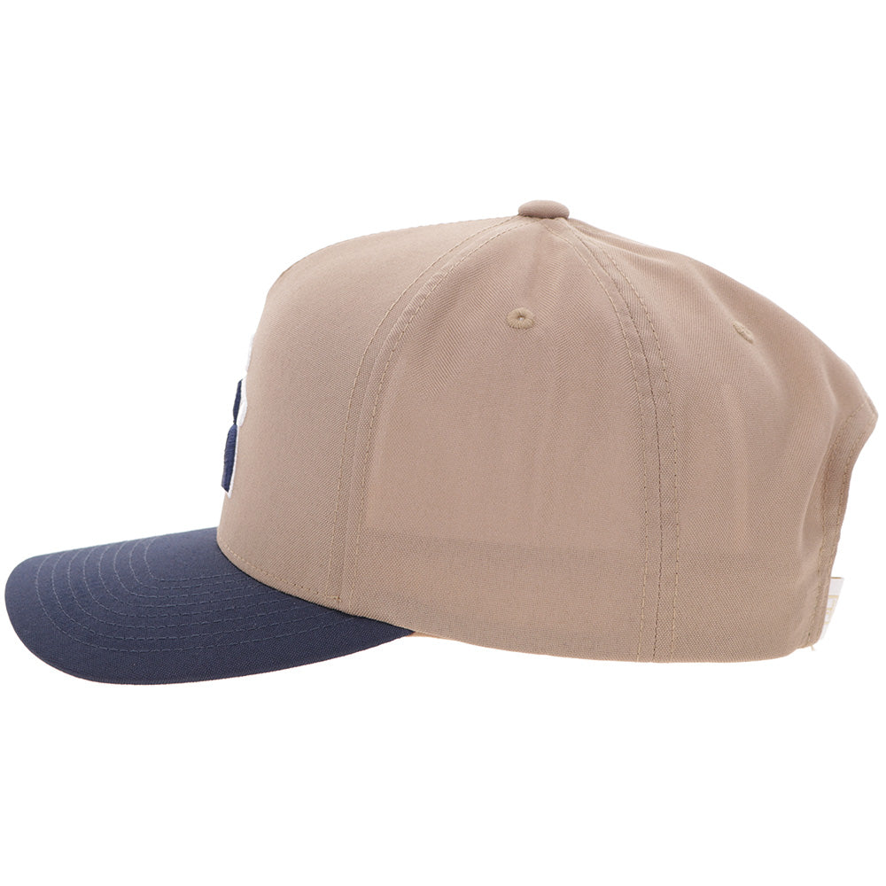 Hooey Classic Tan Blue Golf Logo Hat side view in tan and navy