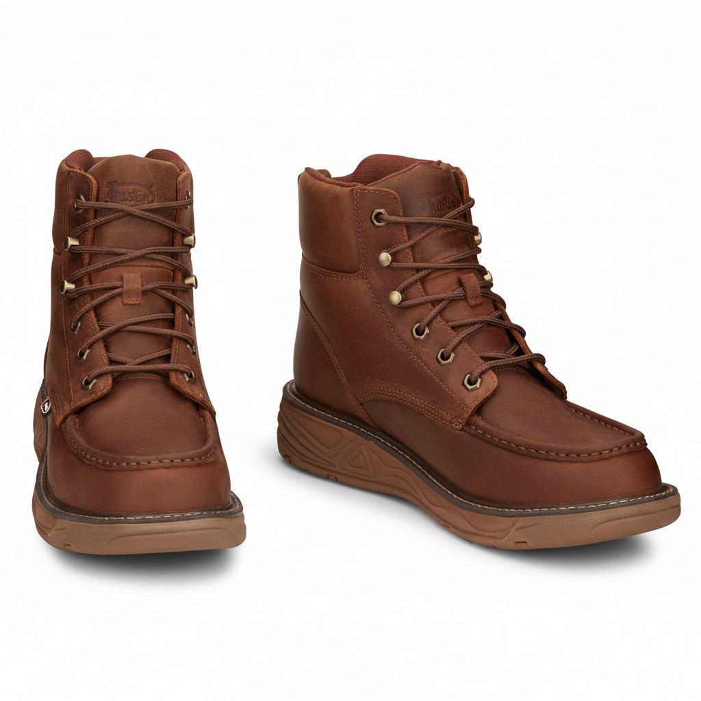 Justin Rush 6 inch Waterproof Wedge Work Boot angled front view in brown leather
