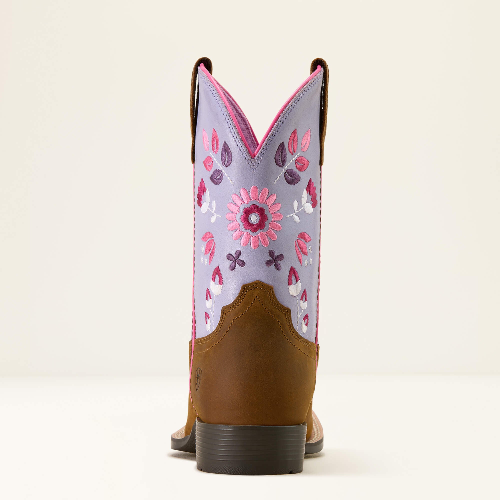 Ariat Youth Wild Bloom Wide Square Toe Western Boot back view with floral shaft detail