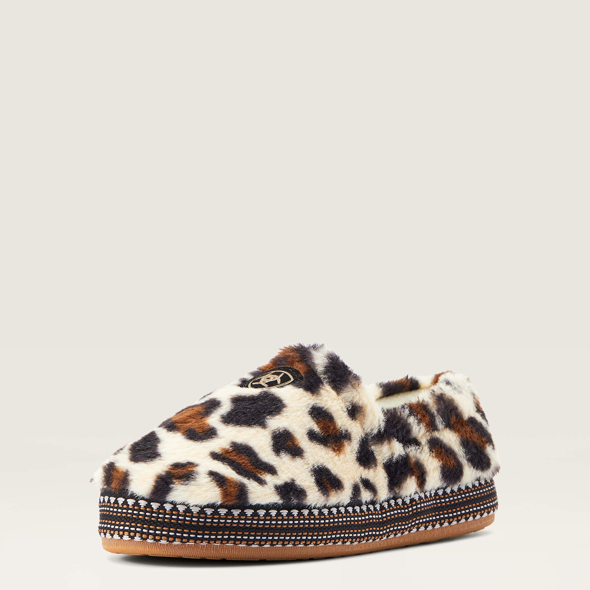 Ariat Snuggle Slipper in beige leopard print shown from the side