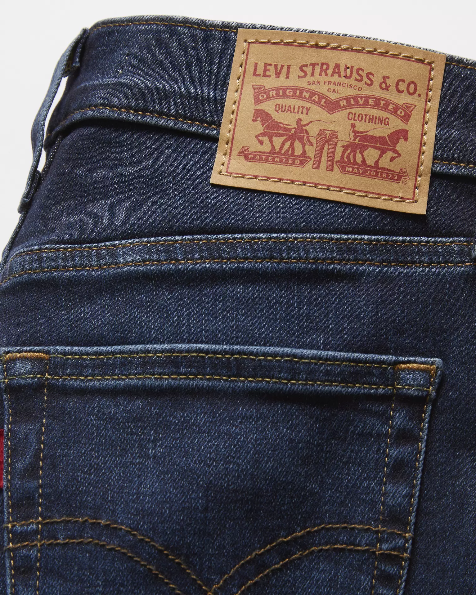 Close-up of back waistband and leather patch on Levi’s 720 High Rise Super Skinny Women’s Jeans