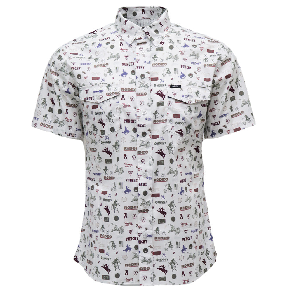 Hooey Maverick Short Sleeve Button Up Shirt front view in white with rodeo print