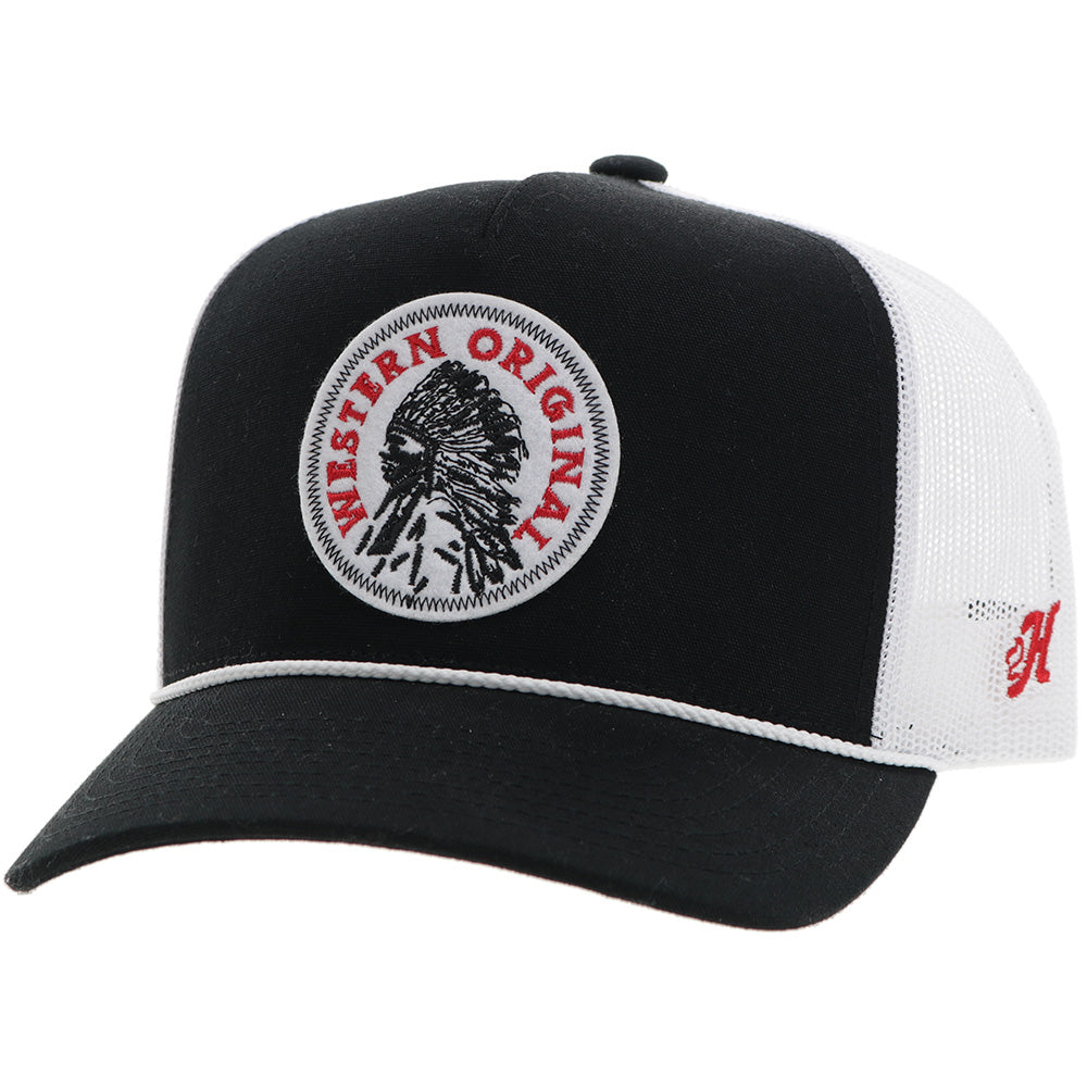 Hooey Quanah Black White Circle Patch Hat front angled view in black and white