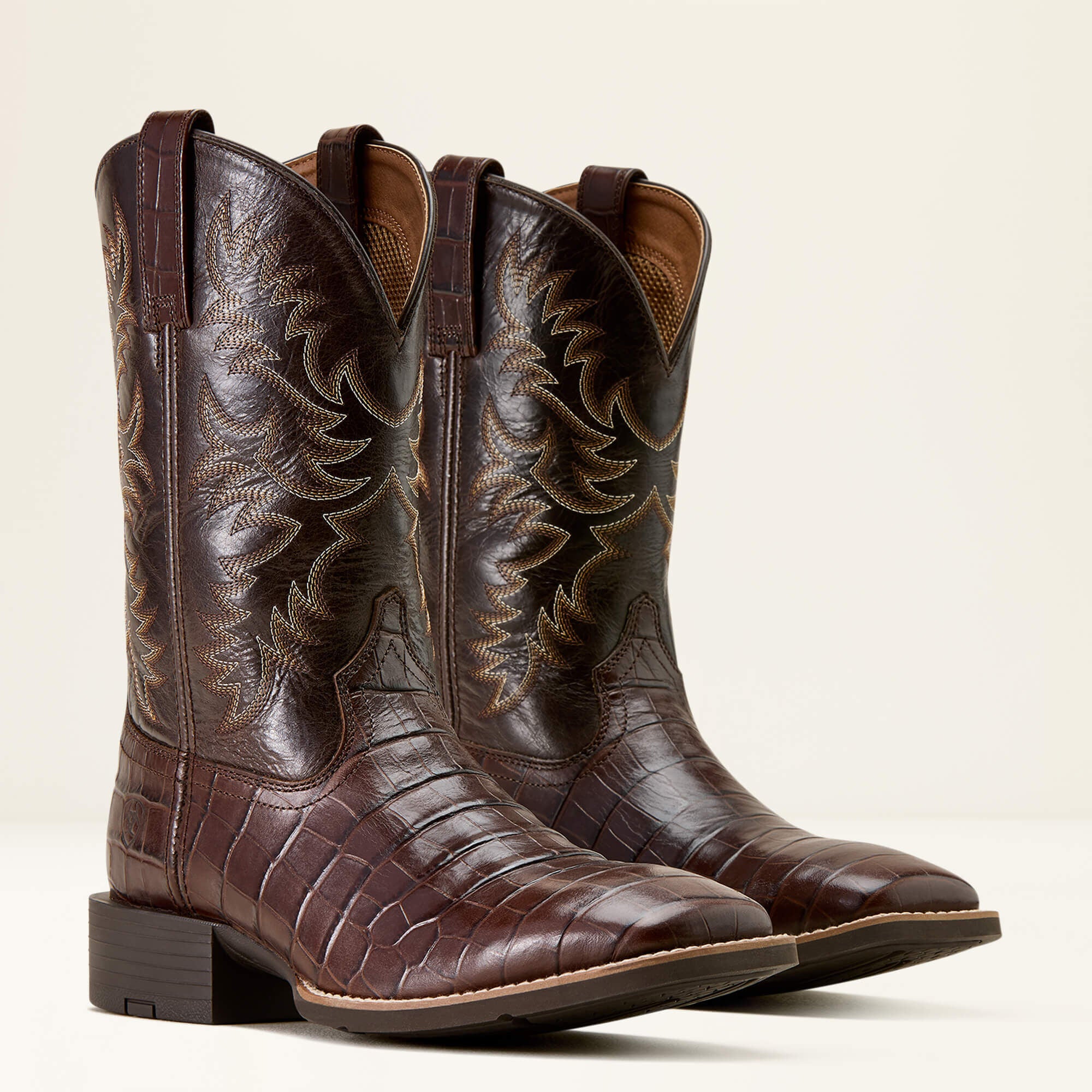 Pair of Ariat Sport Latigo Wide Square Toe Cowboy Boots in brown leather