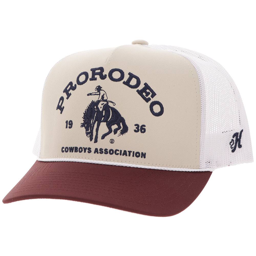Hooey Prorodeo Tan White Hat front angled view with blue logo and burgundy bill