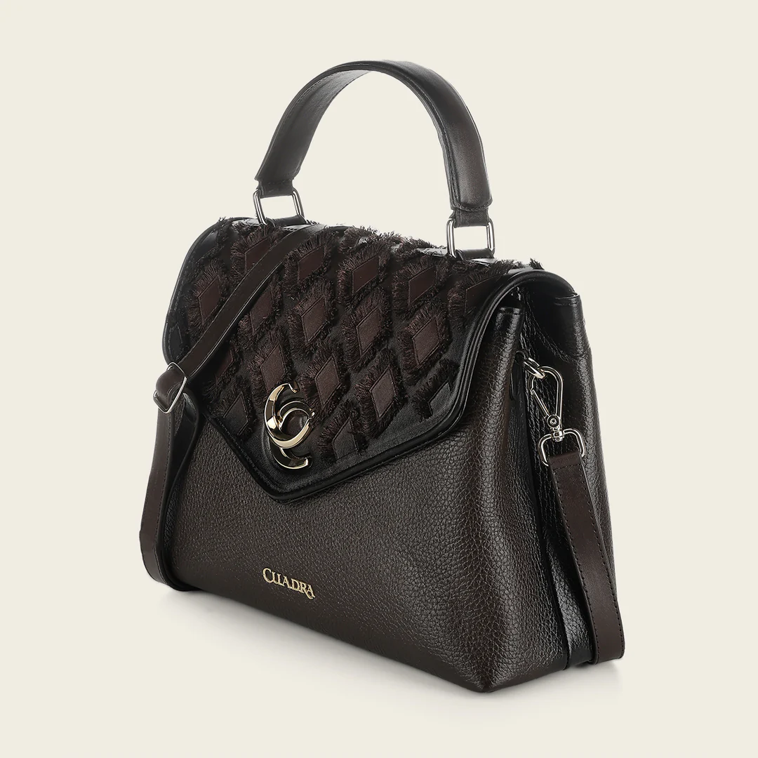 Angled side view of Cuadra Chocolate Embroidery Bag in brown leather