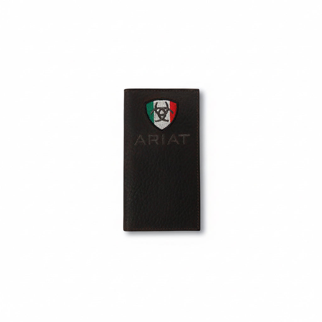 Ariat Rodeo Mexico Flag Logo Wallet front view in brown leather with Mexico flag emblem