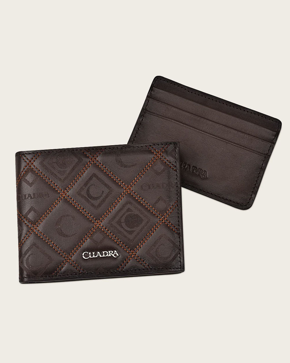 Cuadra Brown Engraved Wallet angled view showing engraved leather detail