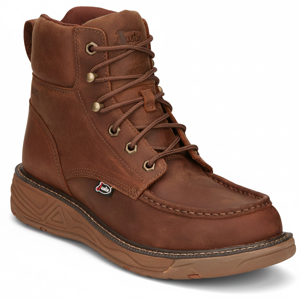 Justin Rush 6 inch Waterproof Wedge Work Boot angled front view in brown leather