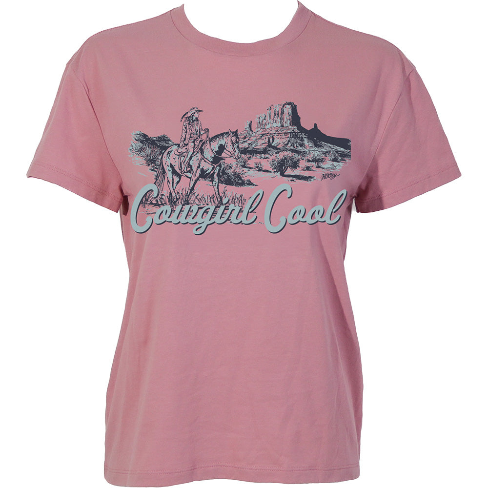 Hooey Cowgirl Cool Pink T-Shirt front view in pink with black and blue graphic logo