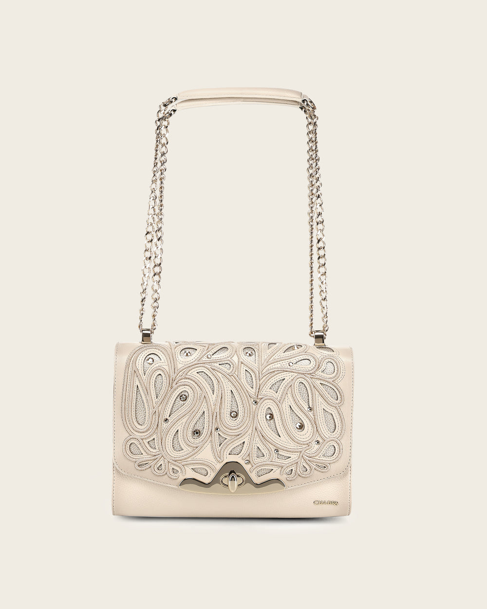 Cuadra Women’s Beige Bovine Leather Shoulder Bag Clutch front view in beige leather with crystal detail