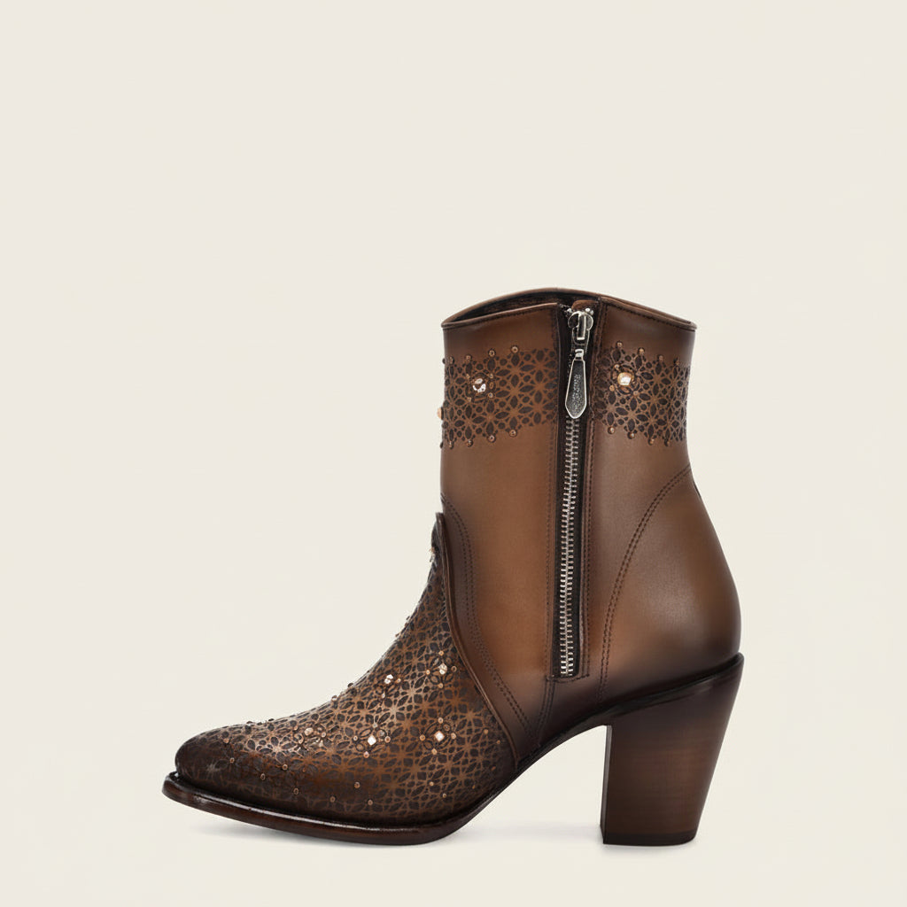 Cuadra Honey Perforated Crystal Ankle Bootie angled side view in brown leather