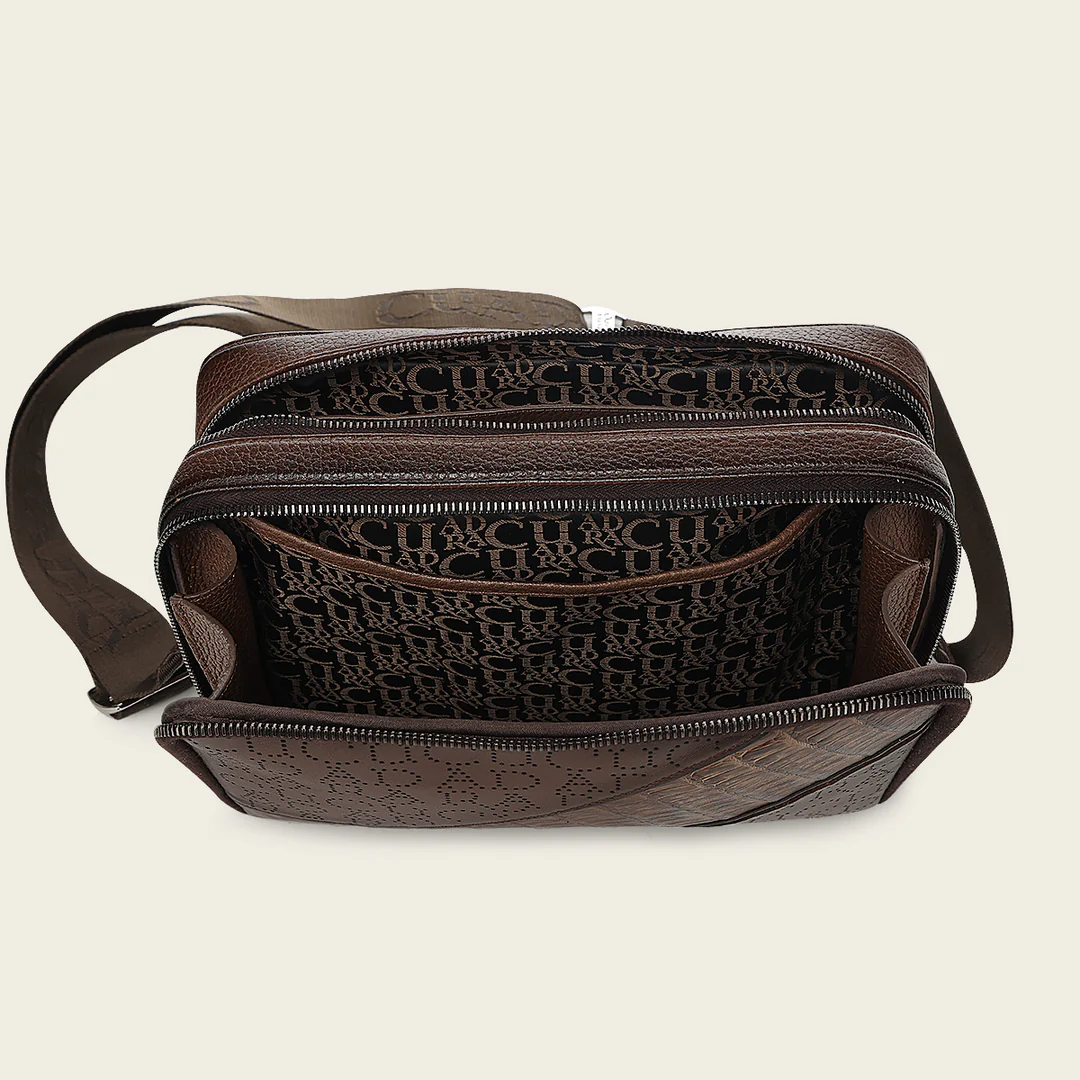 Top view of Cuadra Brown Caiman Zipper Bag showing zipper opening and interior