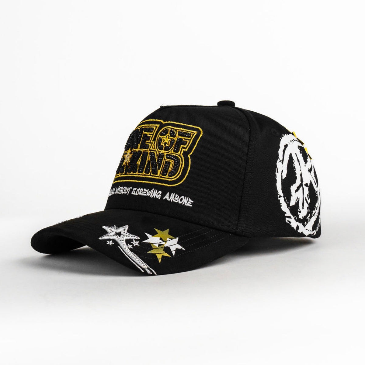 Angled side view of Bigg Boss One Of Akind Gold Hat in black and gold