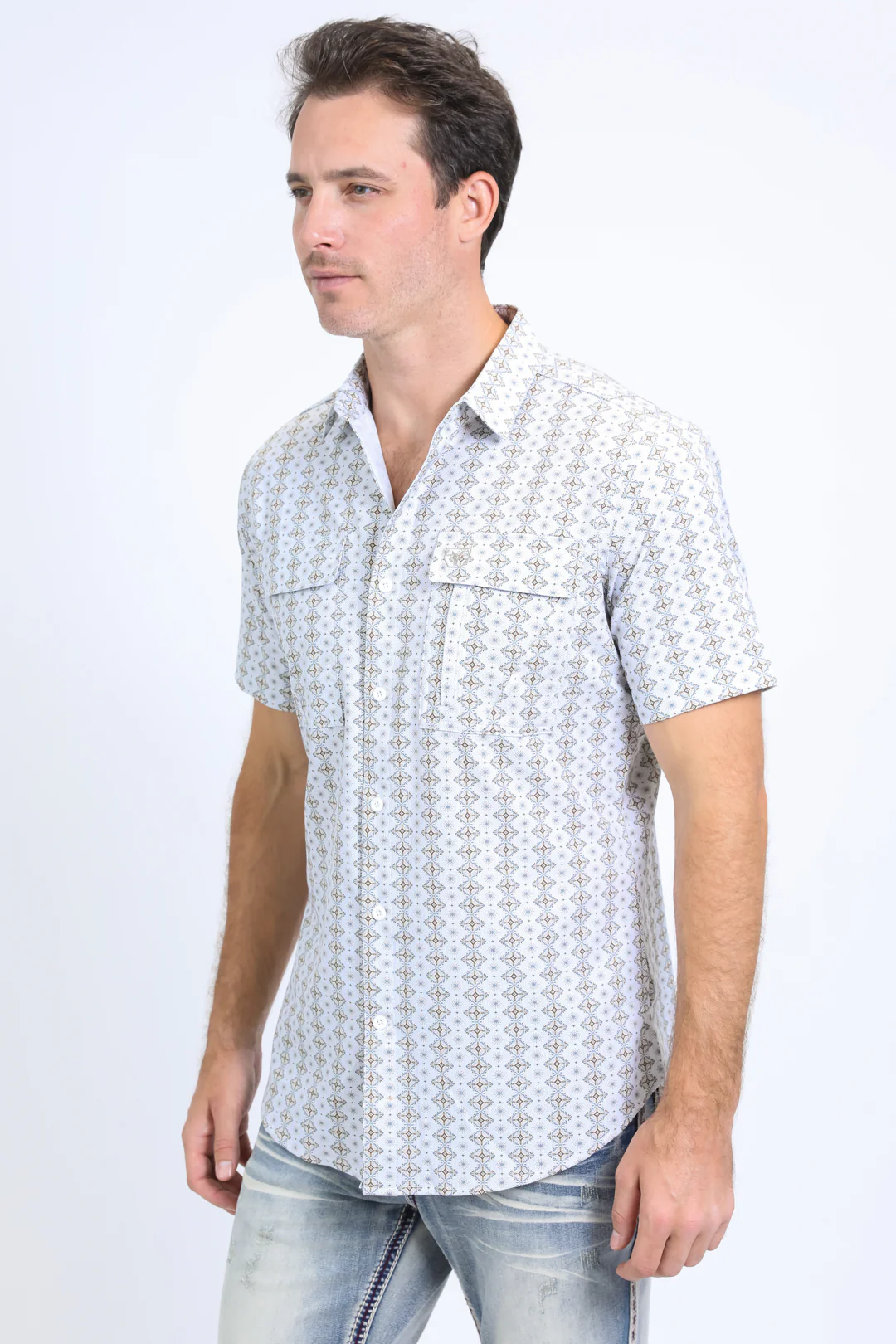 Performance Western Short Sleeve Aztec Print White Shirt