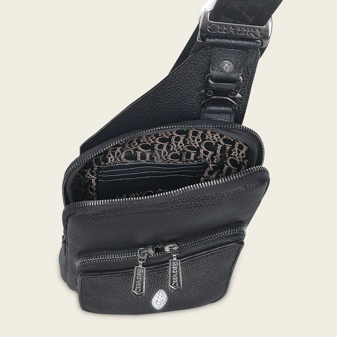 Top view of Cuadra Black Stingray Zipper Bag showing zipper opening
