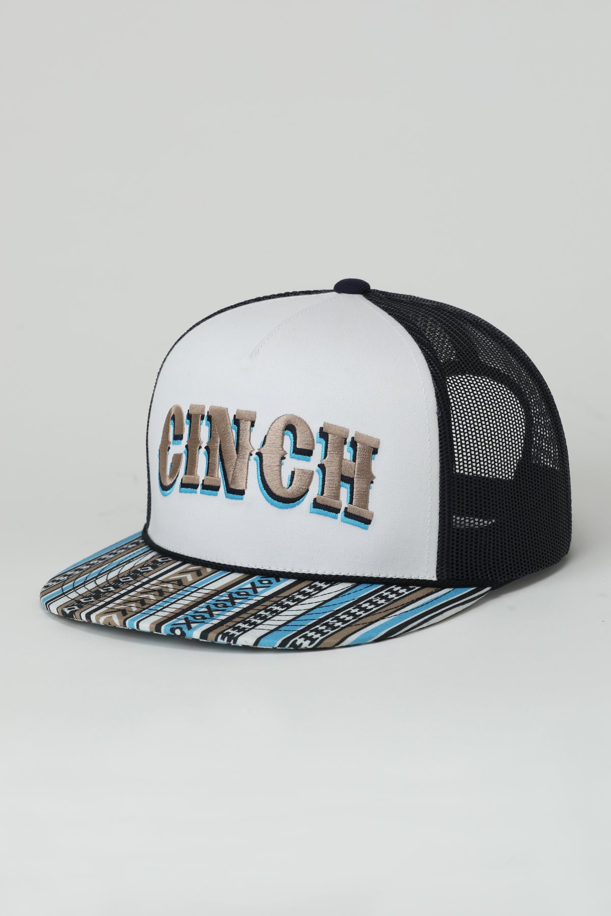 Cinch Western Stripe Trucker Cap front angled view with striped bill and white front patch