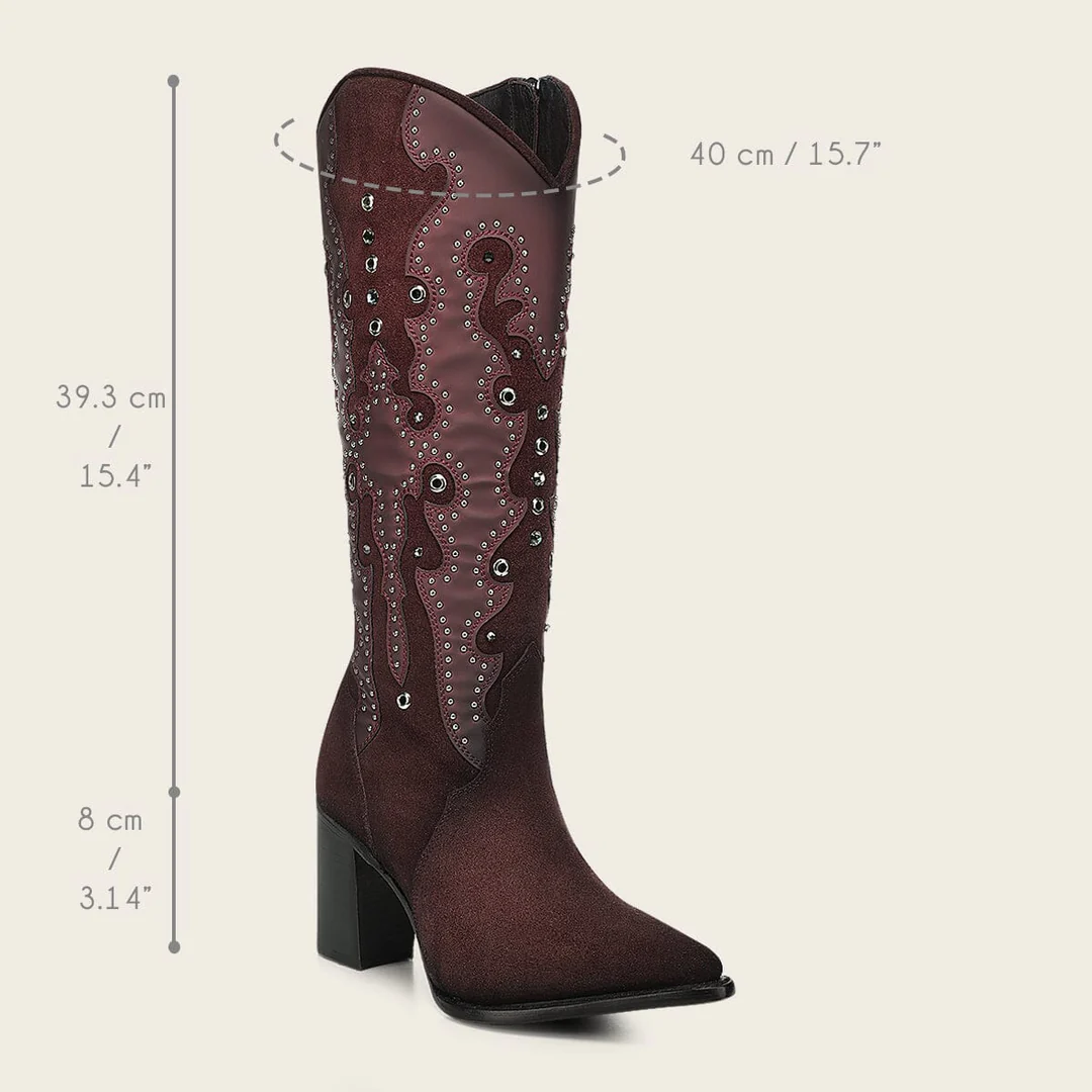 Cuadra Wine Crystal Studded Pointed Toe Boot angled view showing dimensions