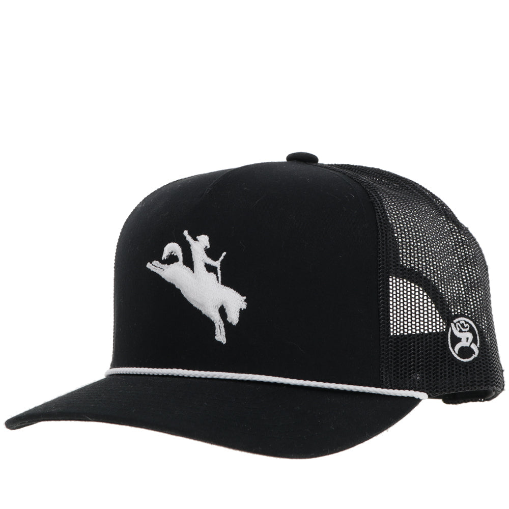 Hooey Whit Black White Logo Hat front angled view in black with white logo