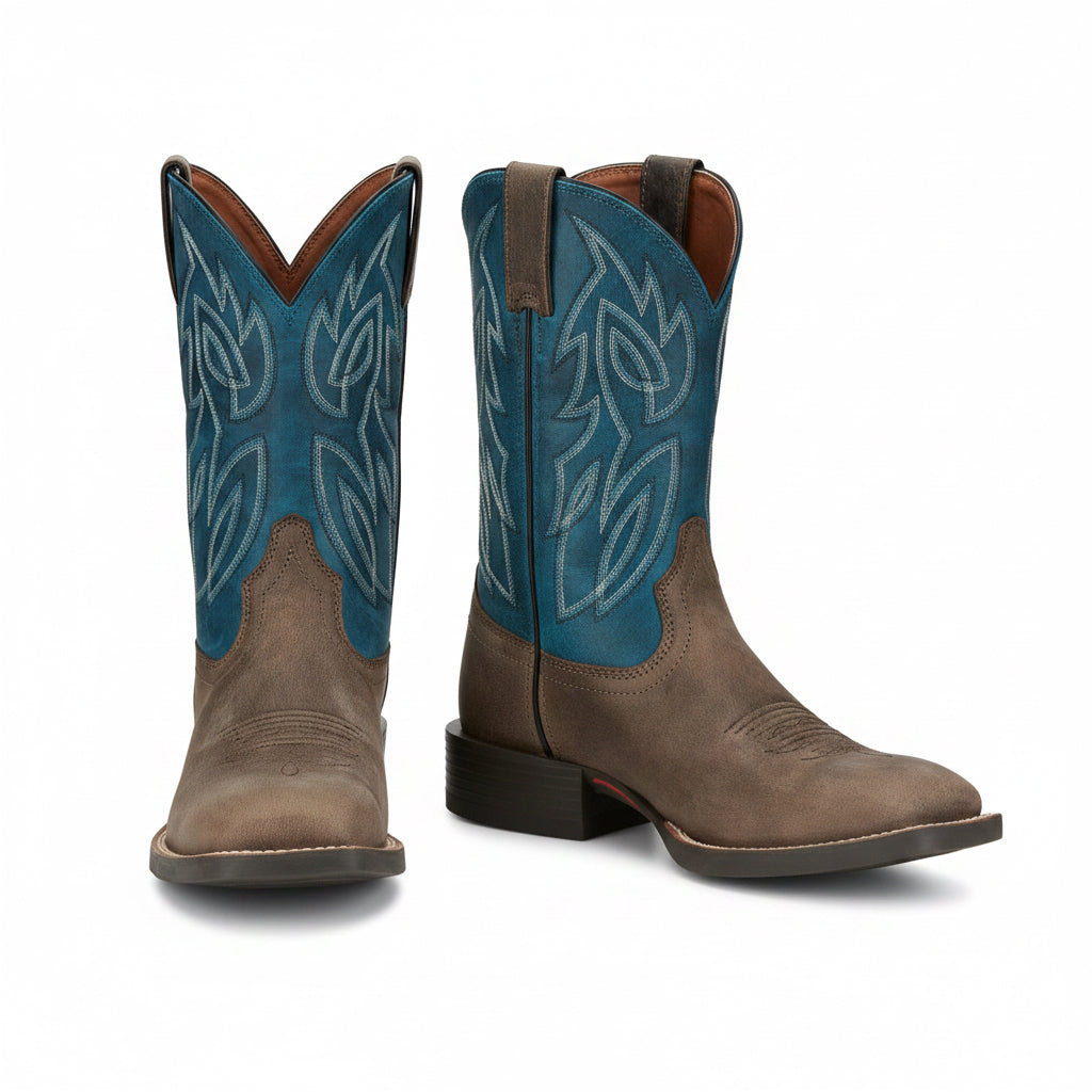 Pair of Justin Canter 11 inch Western Boots in brown and blue leather