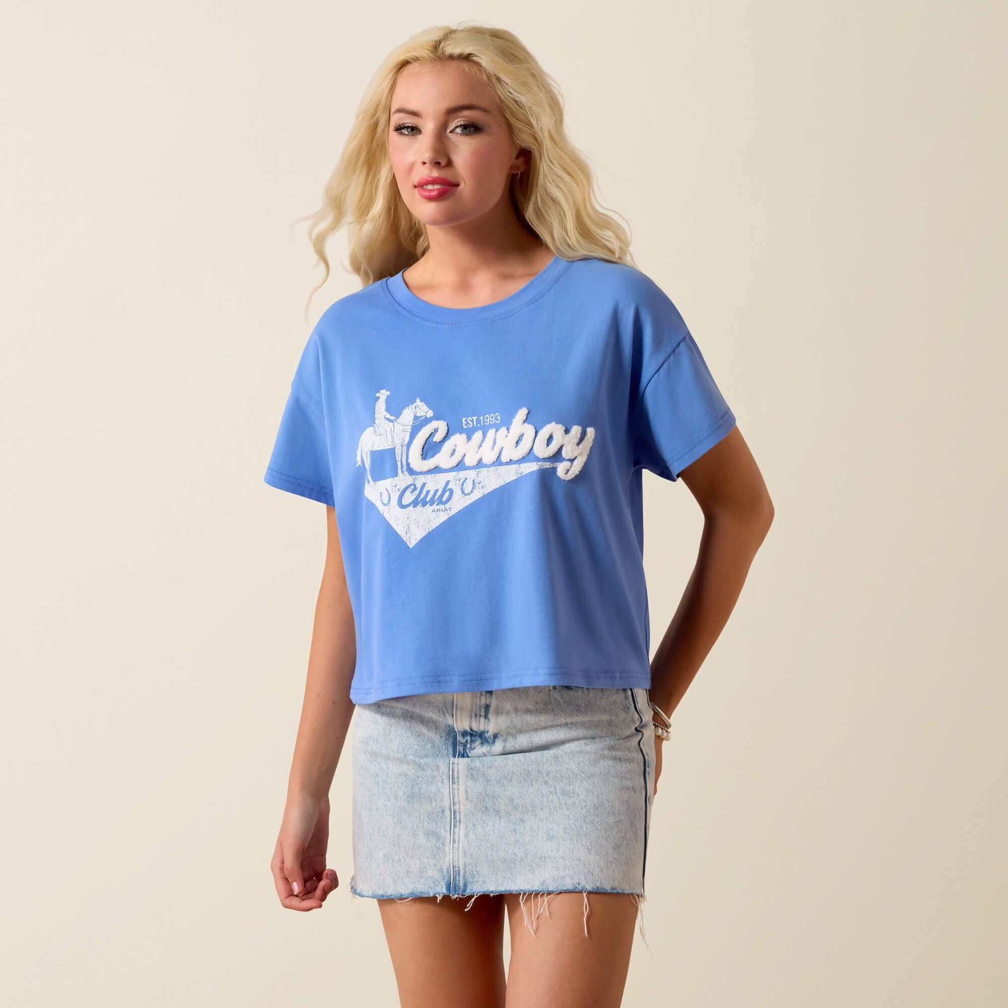 Cowboy Club Cropped Boxy T-Shirt front view on model in blue