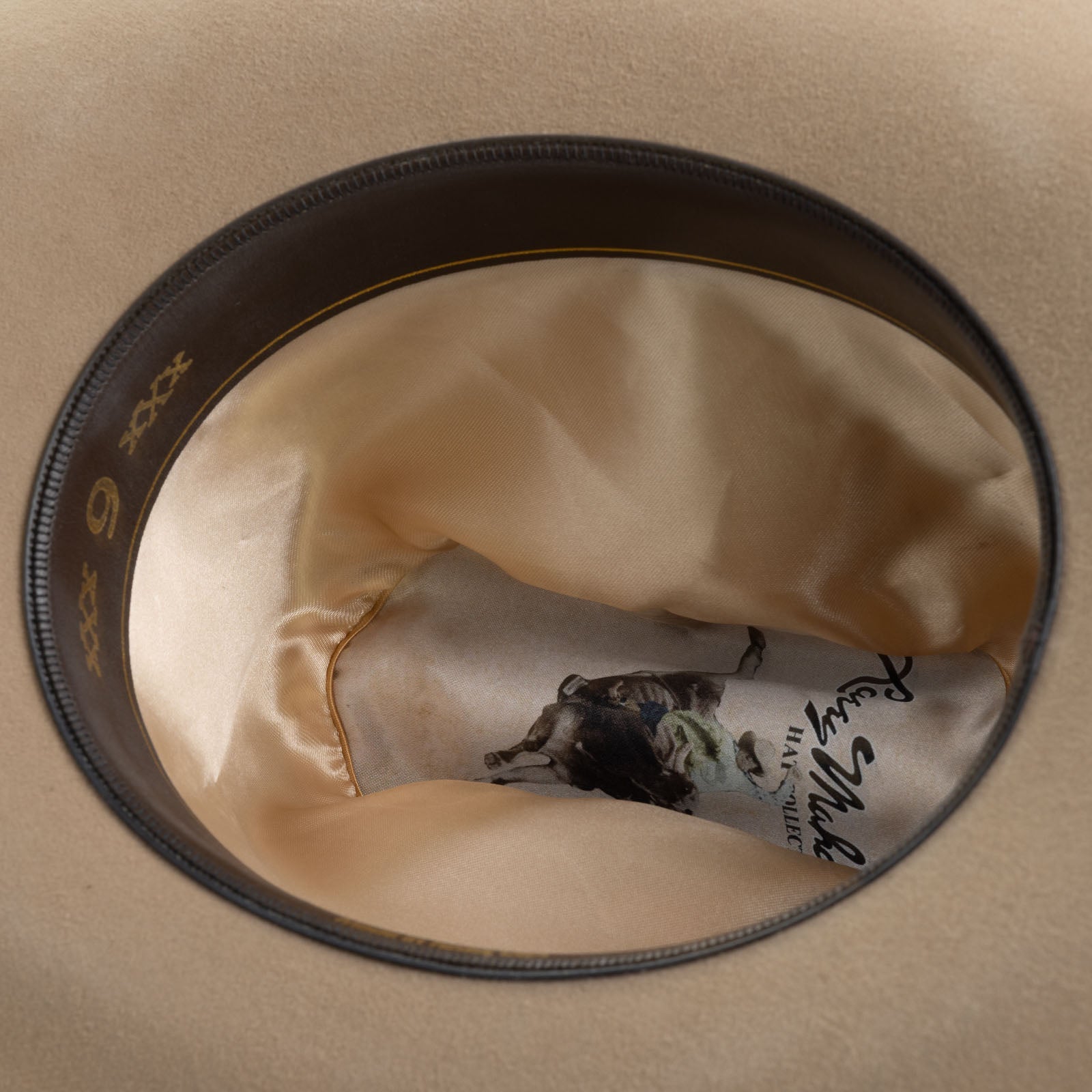 Interior view of Larry Mahan 6X Real Fawn Fur Felt Western Hat showing sweatband and lining
