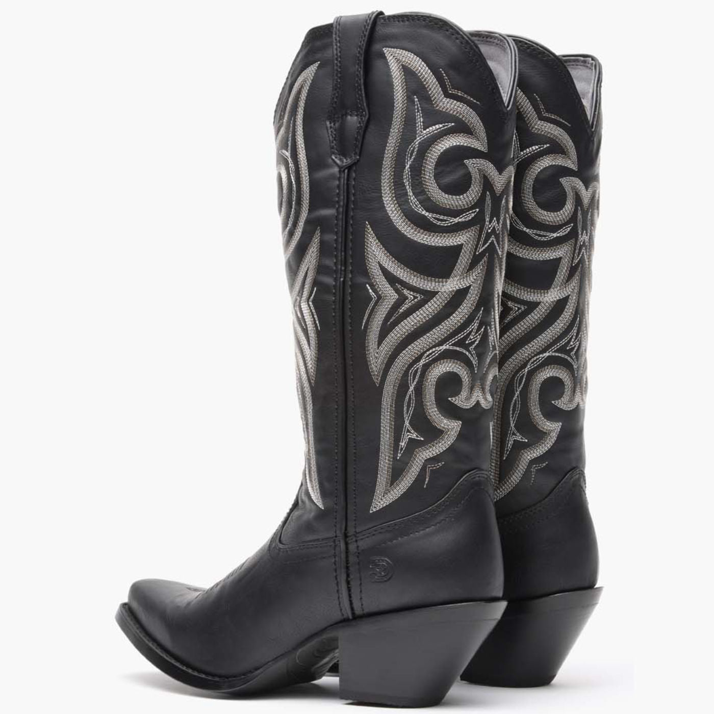 Pair of Crush by Durango Black Beauty Western Boot back view with stitched shaft detail