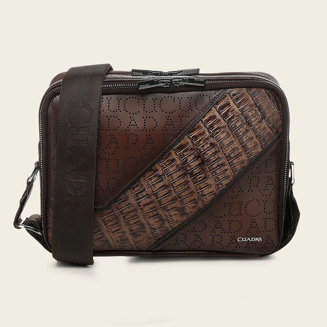 Cuadra Brown Caiman Zipper Bag in brown leather with crossbody strap and front textured panel