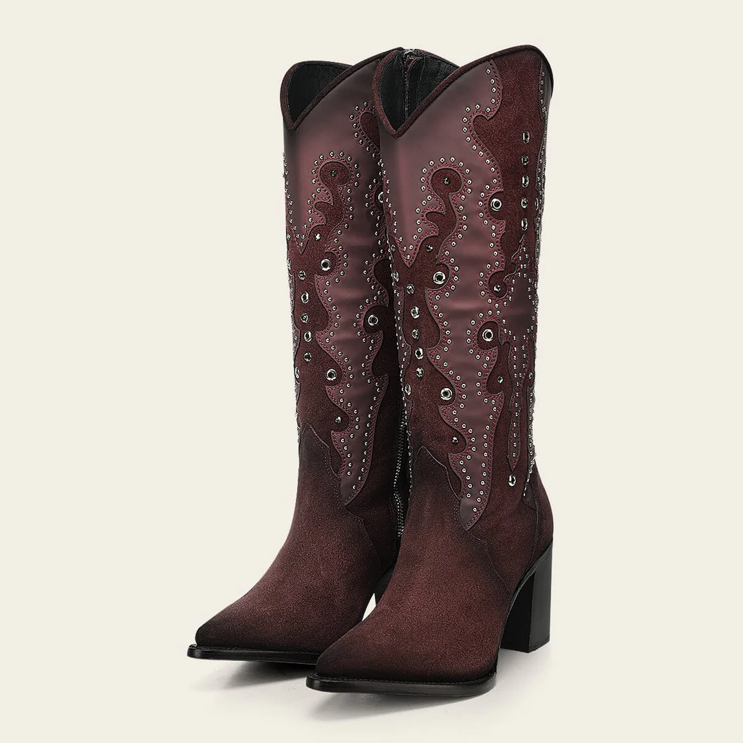 Pair of Cuadra Wine Crystal Studded Pointed Toe Boots in wine leather