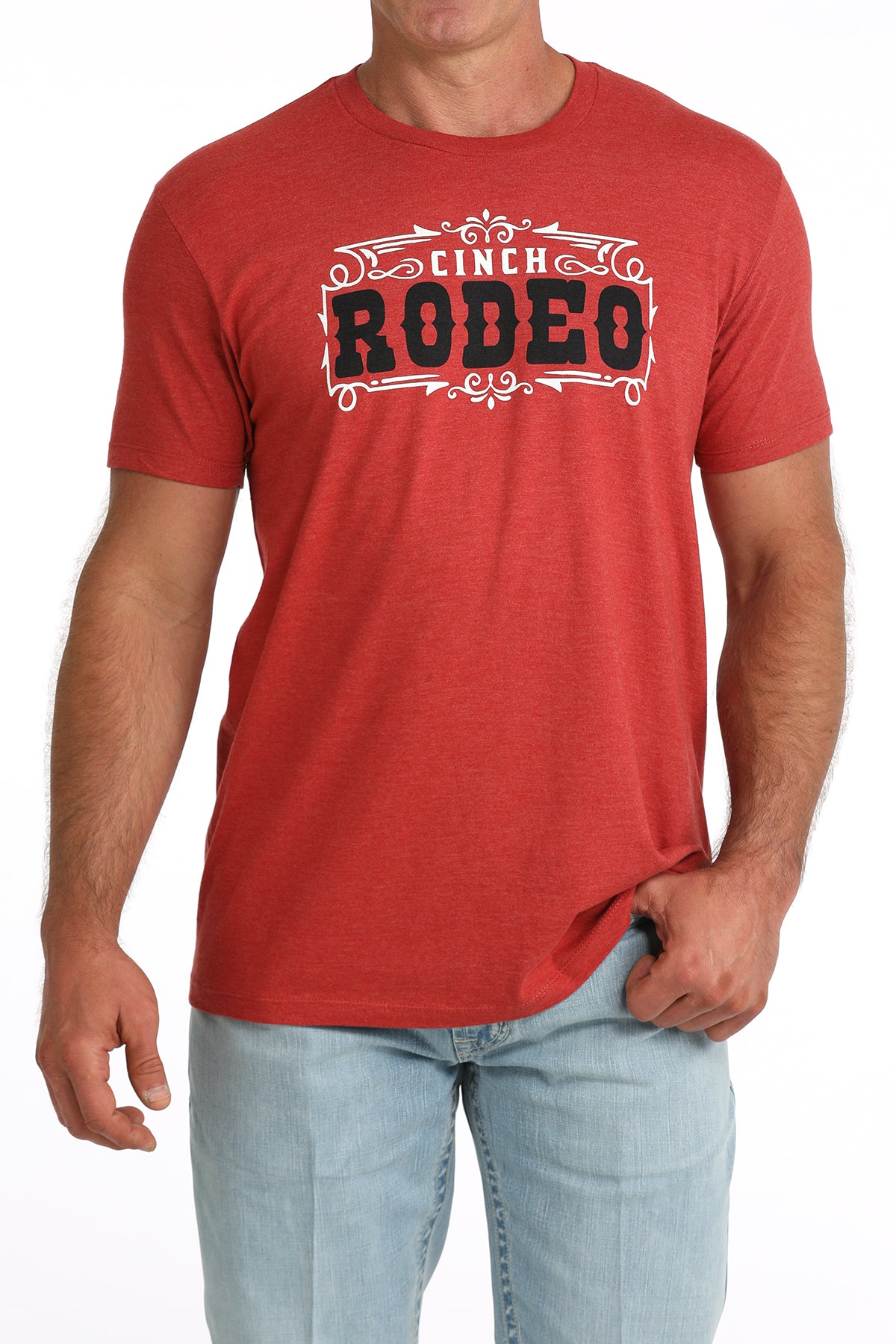 Cinch Men’s Short Sleeve Rodeo Tee front view on model in red