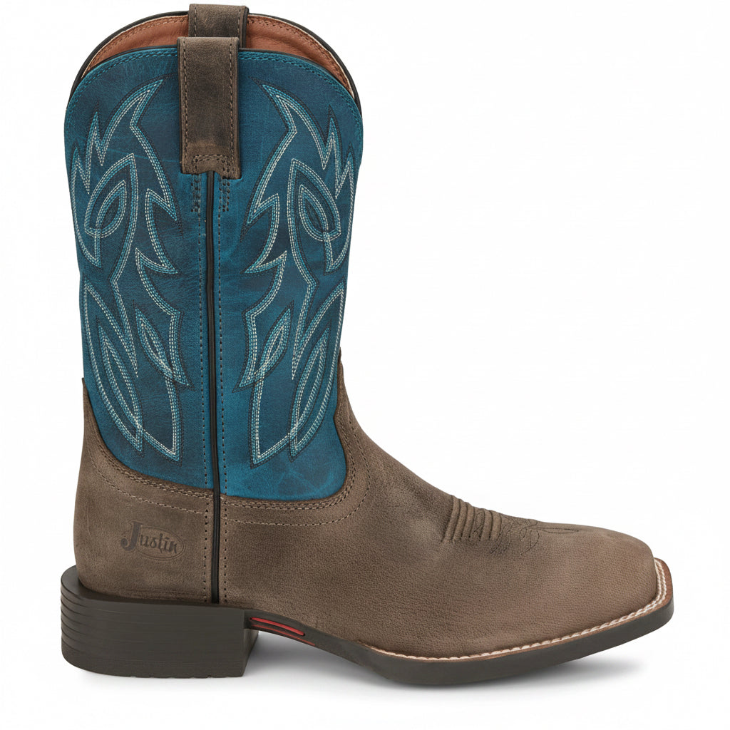 Justin Canter 11 inch Western Boot side view in brown leather with blue stitched shaft