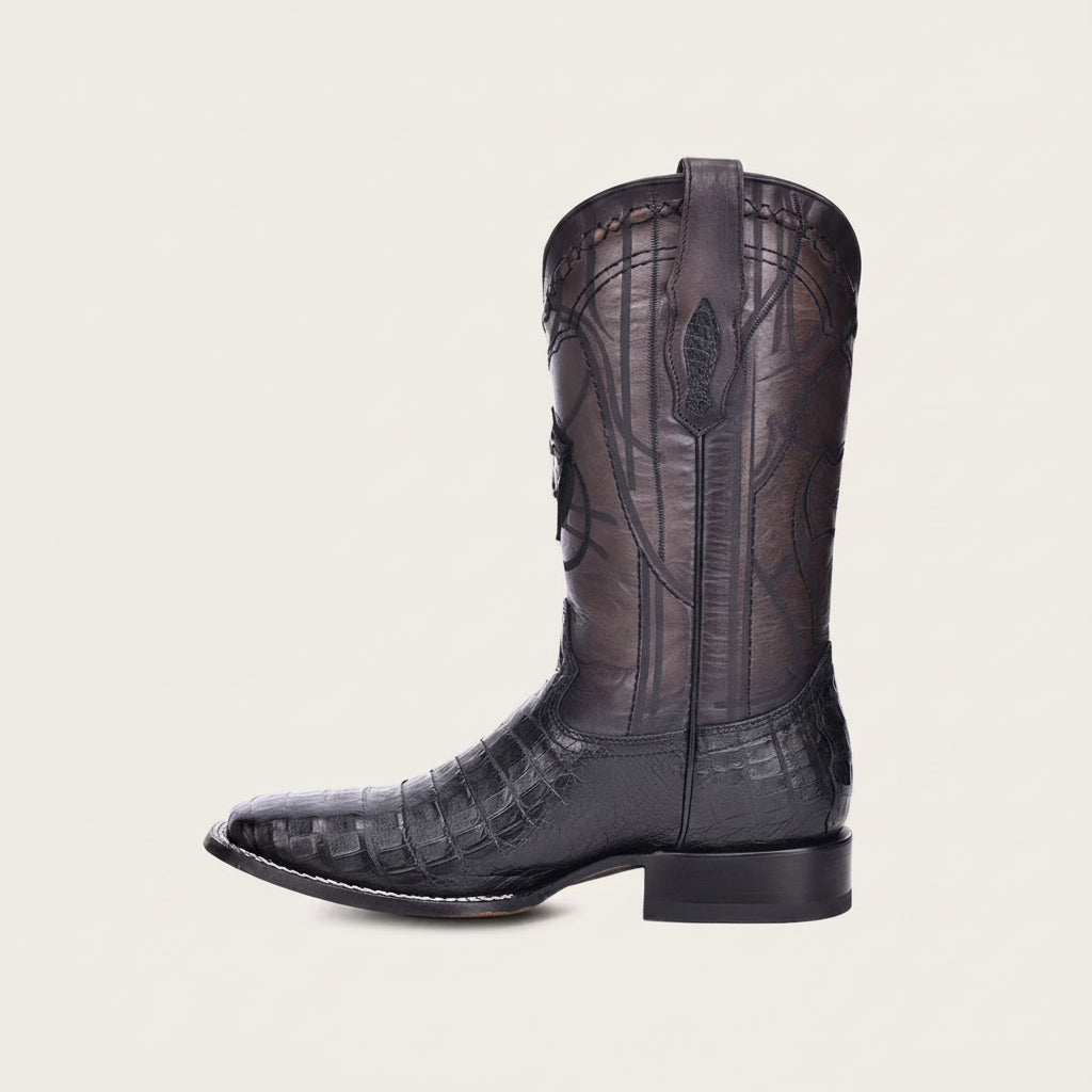 Side profile of Cuadra Engraved Cayman Western Boot in dark leather
