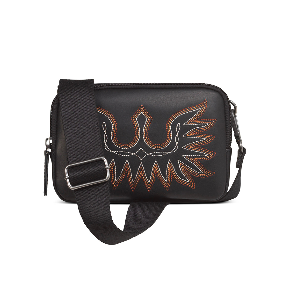 Ariat Ladies Black Casanova Collection Belt Bag front view in black leather with embroidered detail
