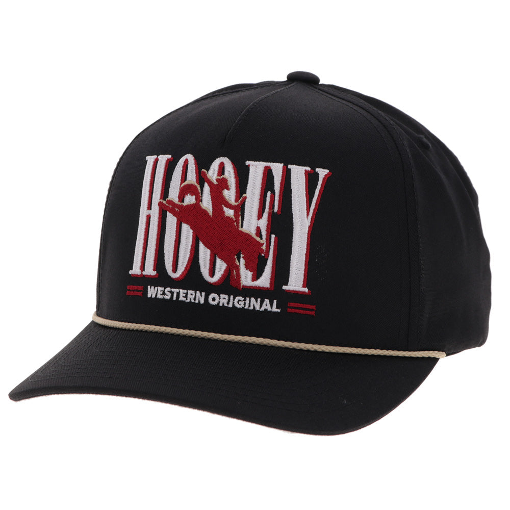 Hooey Wild Ride Black Embroidered Logo Hat front angled view in black with red and white embroidered logo