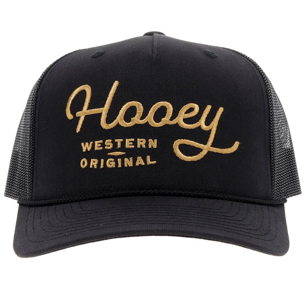 Hooey OG Black Gold Stitching Hat front view in black with gold logo