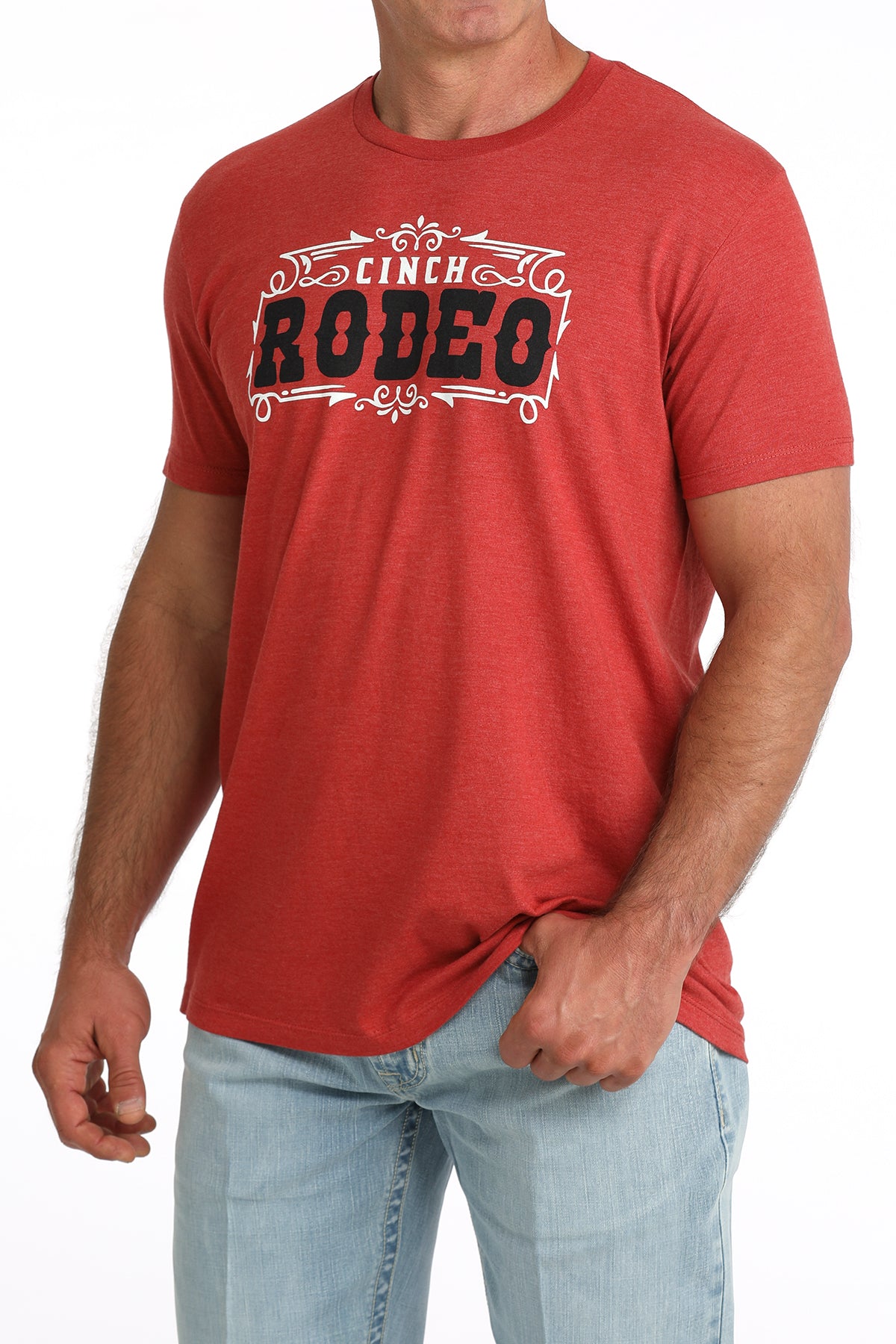 Cinch Men’s Short Sleeve Rodeo Tee angled front view on model in red