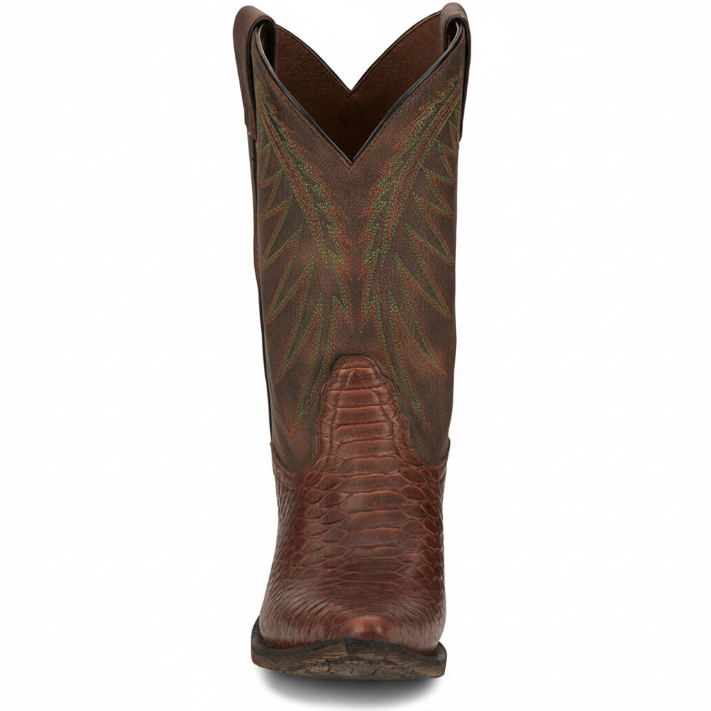 Nocona Carlita Cognac Snake Print Snip Toe Boots front view with pull tabs